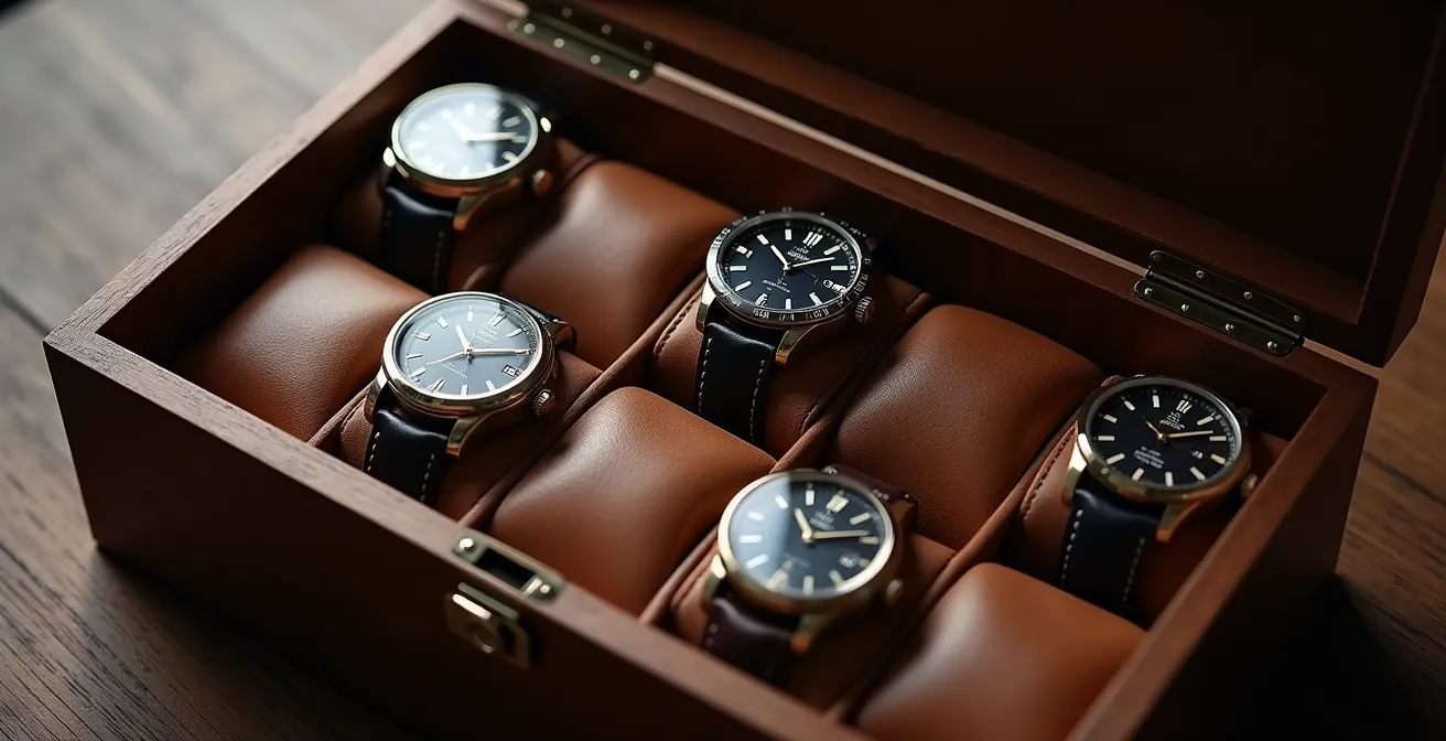 Collection de montres mécaniques dans leurs écrins de rangement en cuir
