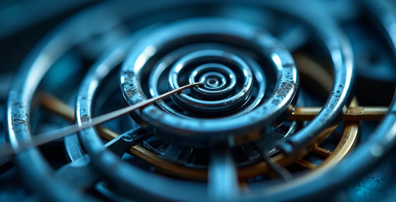 Vue macro d'un ressort spiral de montre avec reflets métalliques