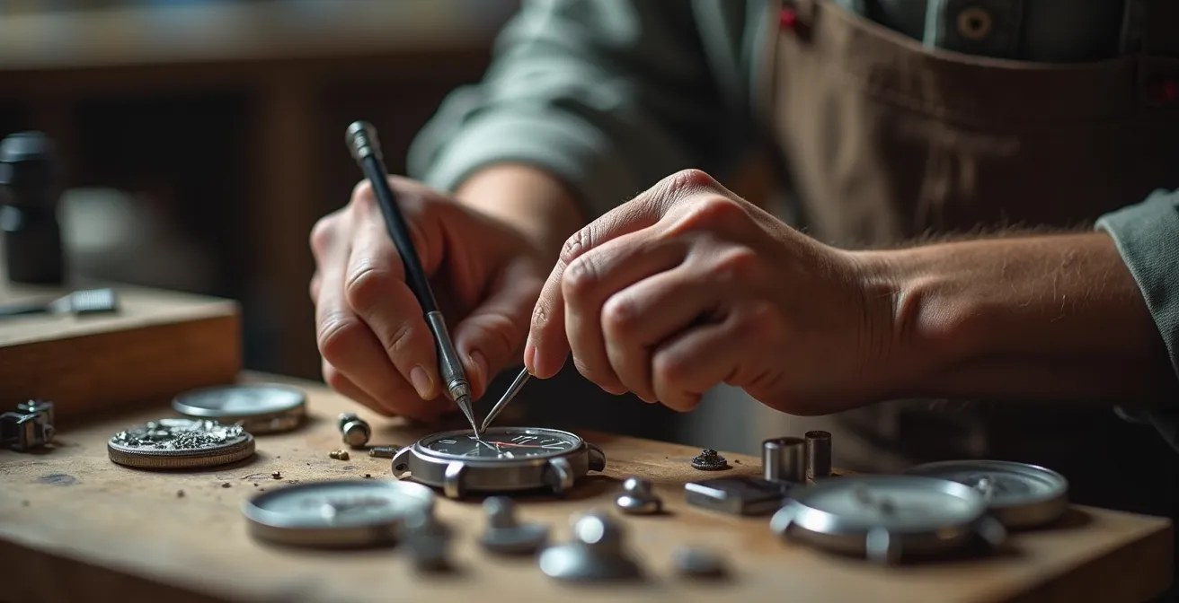 Mains d'un horloger travaillant sur un mécanisme de montre avec des outils de précision